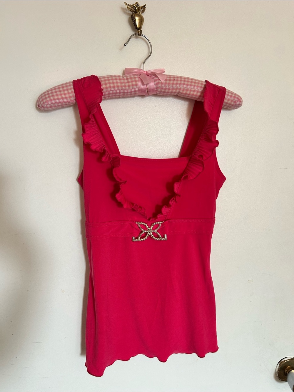 Y2K whimsical women’s Hot Pink Ruffle Tank with butterfly size small